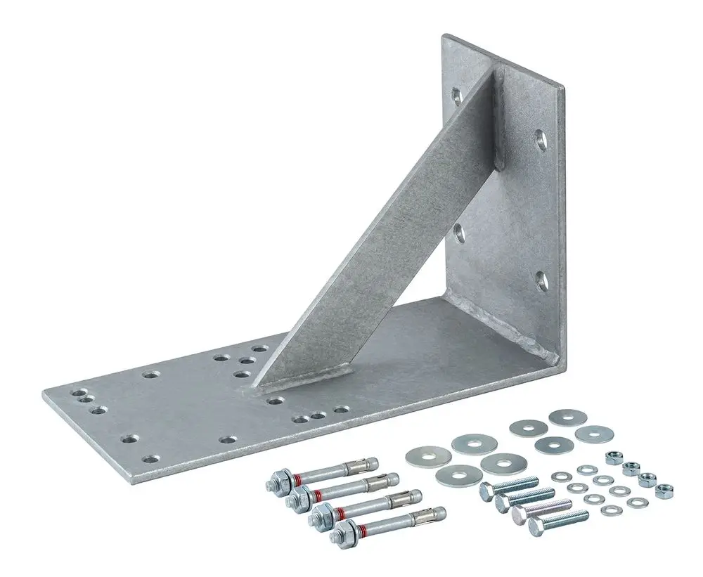 Metallische Wandkonsole mit einer schrägen Stütze zur Befestigung, einschließlich diverses Befestigungsmaterial. Hersteller ist Grünbeck.